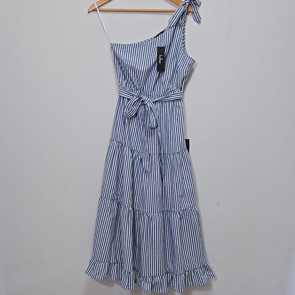 Lulu's Gleeful Getaway Nautical Striped Linen One Shoulder Midi Dress Size S - Picture 6 of 16